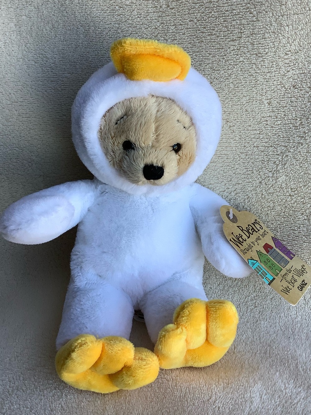 GANZ Wee Bears Duck Plush Bear in White Duck Outfit Yellow Beak & Feet W Tags